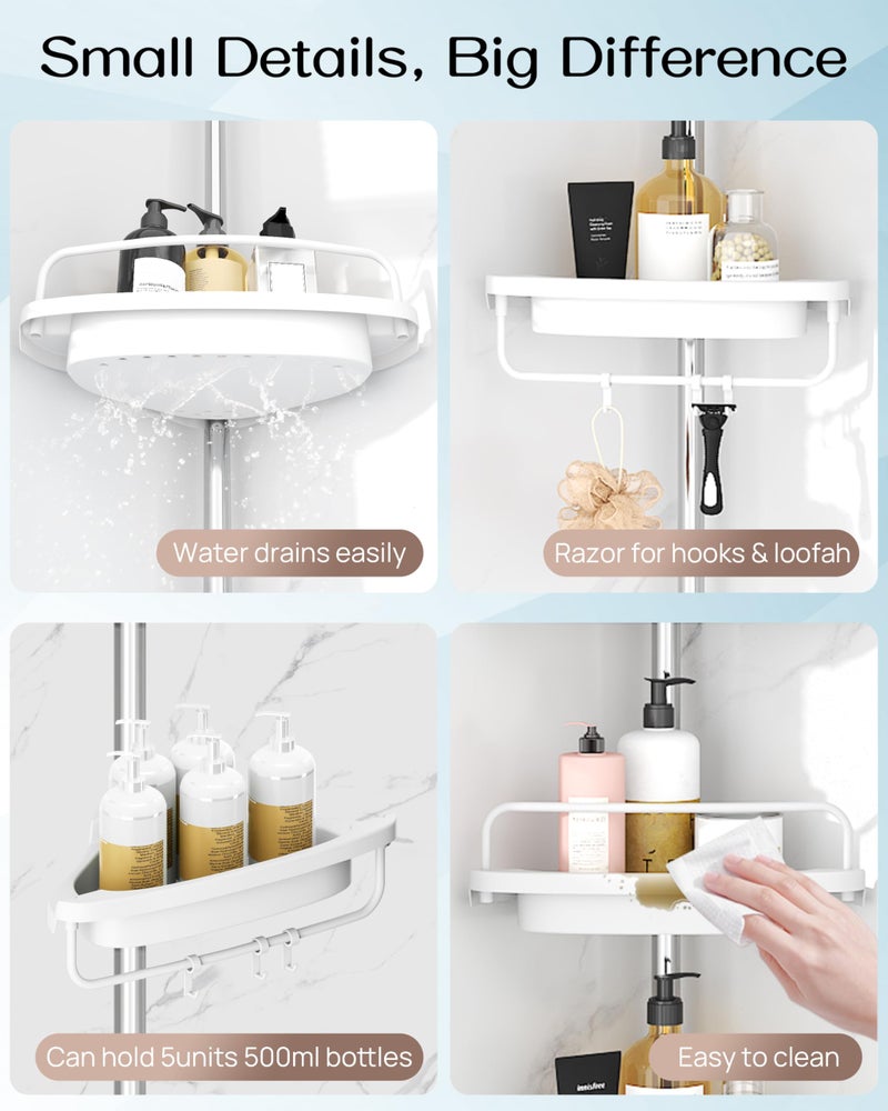 ALLZONE Rustproof Shower Caddy Corner for Bathroom, Tension Corner Shower Caddy Tension Pole, Solid Shower Organizer with 4 Adjustable Shower Shelves, Shower Rack Fit Heights 34 to 116 Inches,White - Image 5